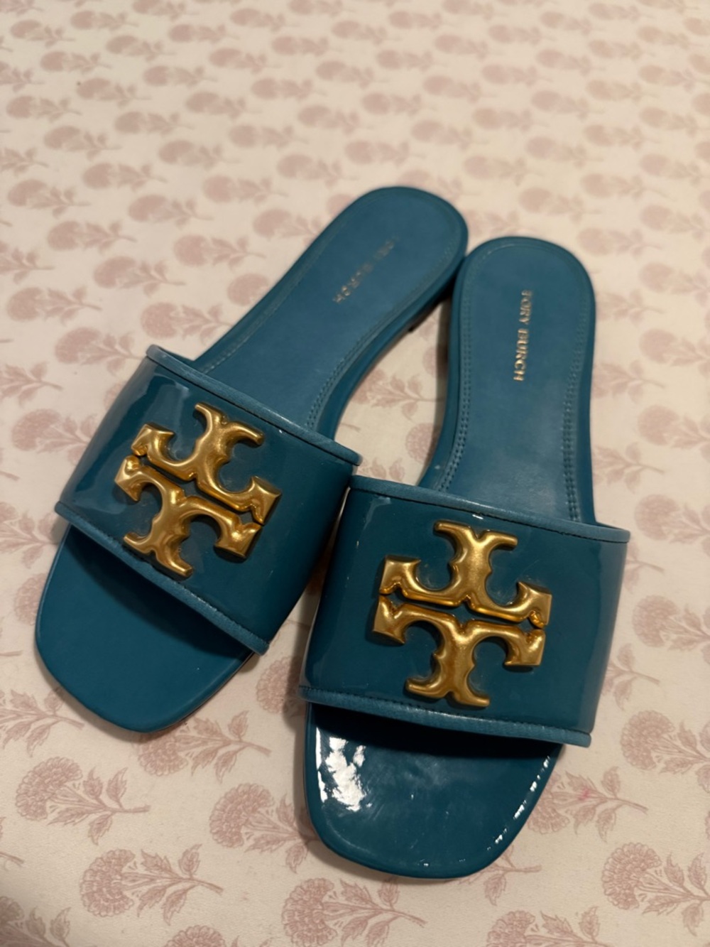 Tory Burch Teal Patent Leather Logo Slide Sandals